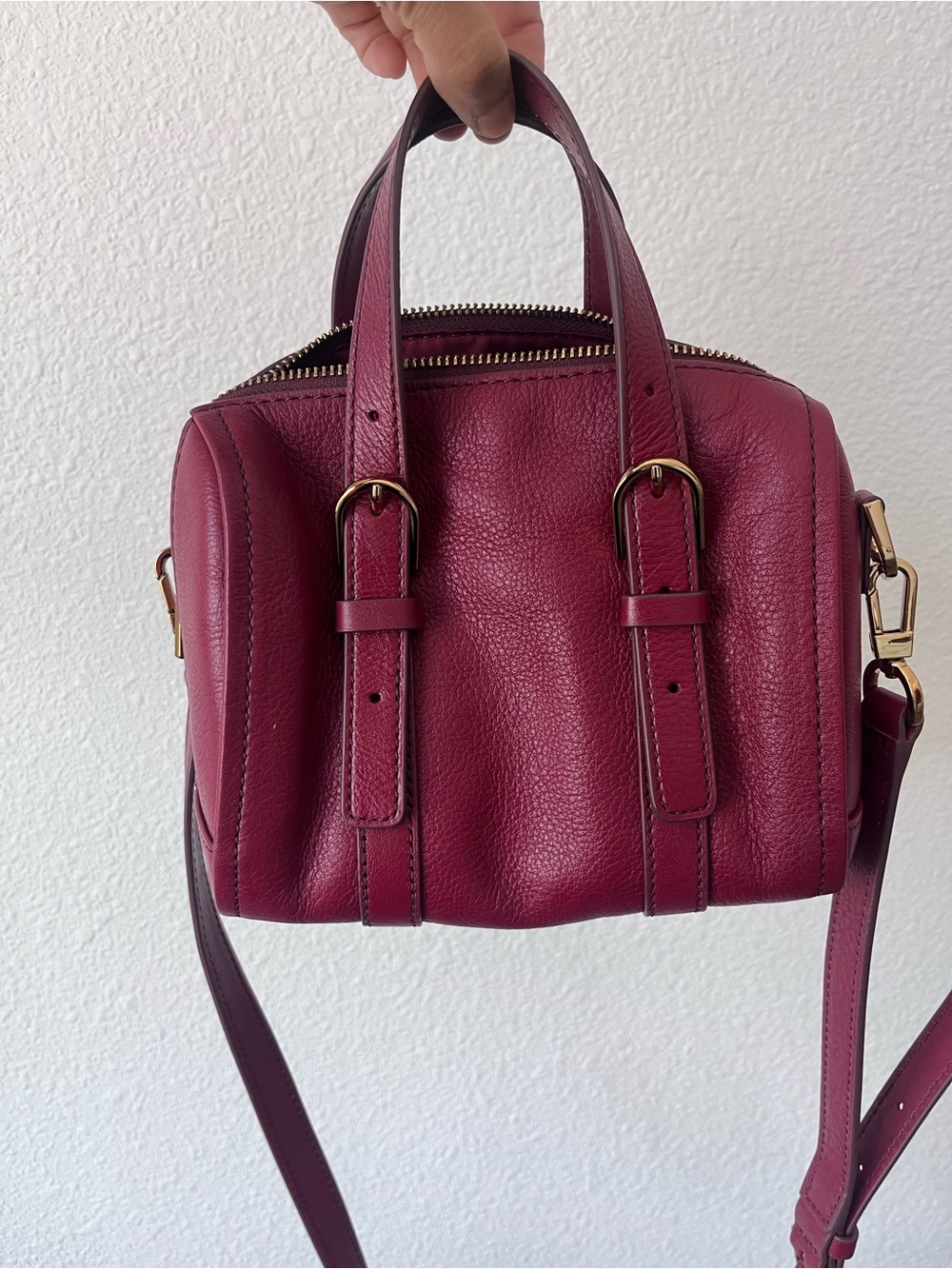 Fossil Plum Leather Satchel with Gold Hardware